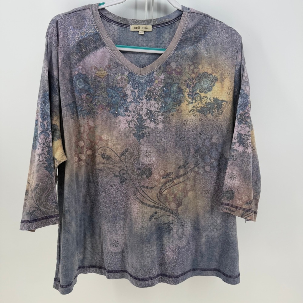 xcit usa Top Women 3X Purple Floral Rhinestone Art to Wear Boho Whimsygoth Y2K